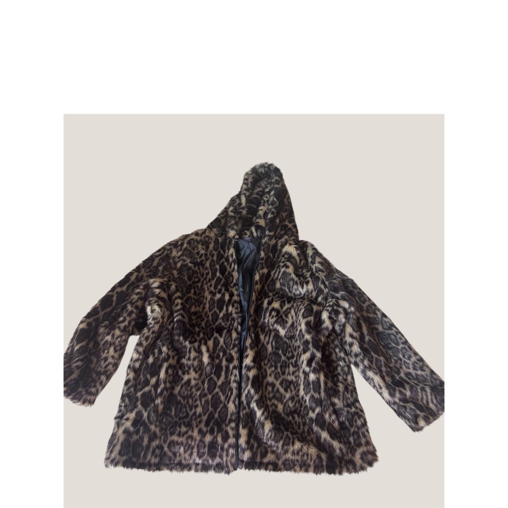 Roamans‎ Leopard Print Faux Fur Hooded Coat Plus Size 34/36 4X Brown Black Zip - Picture 3 of 12